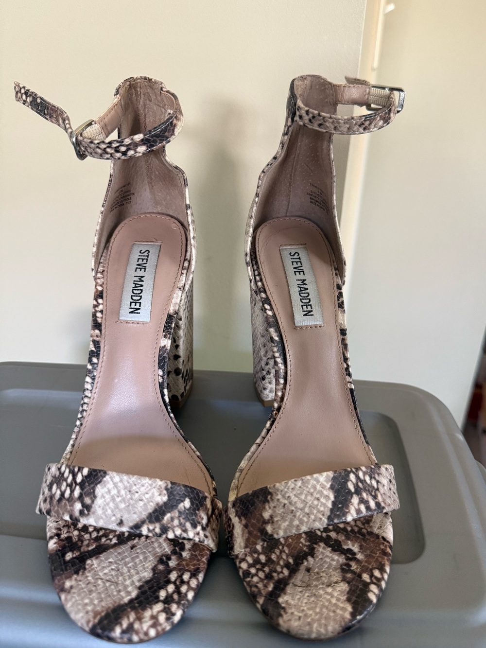 Steve Madden Snake-Print Ankle Strap Block Heels - Brown & Cream